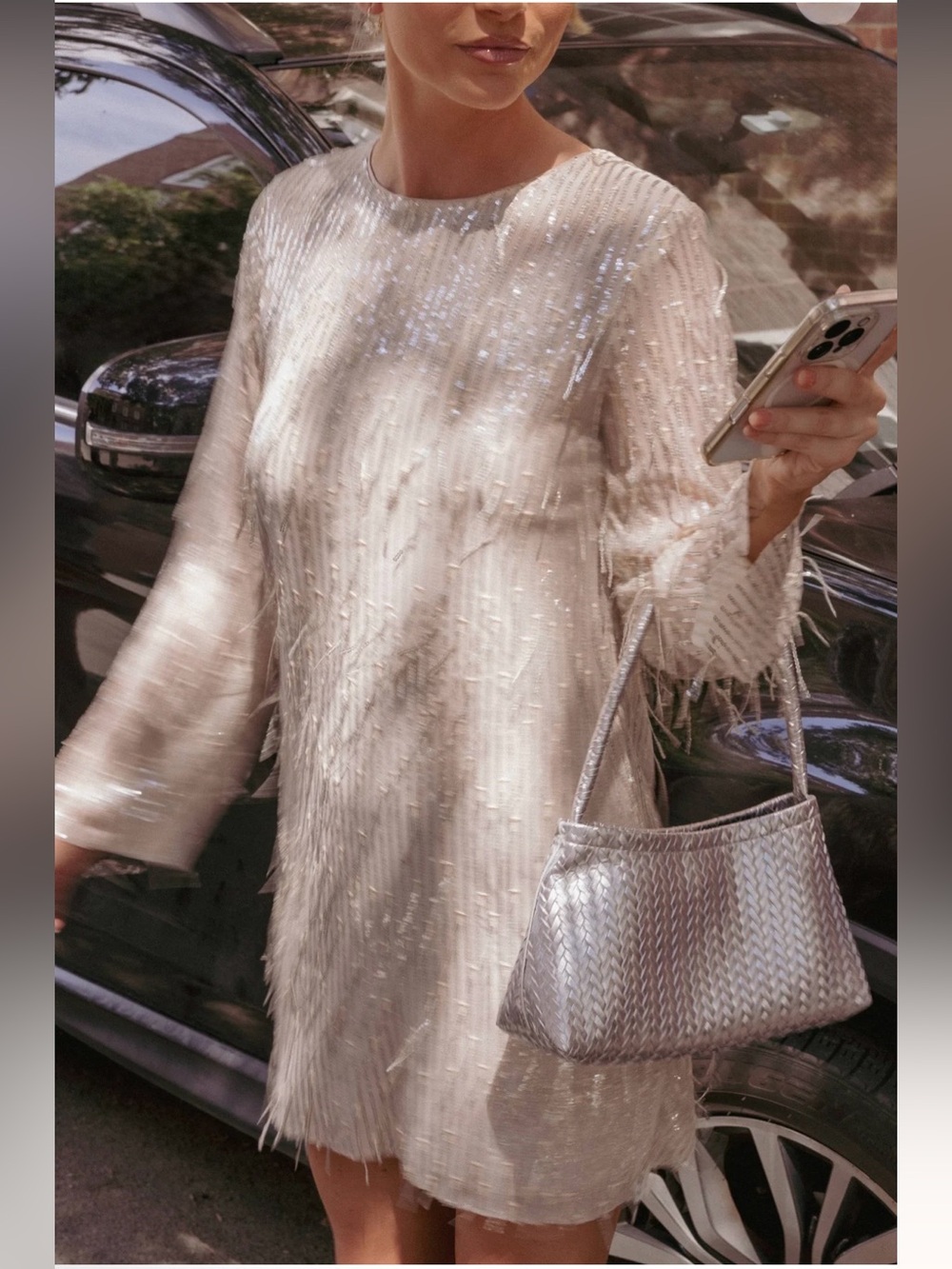 Petal & Pup Serena Sequin Fringe Mini Dress Nude Silver Long Sleeve Cocktail